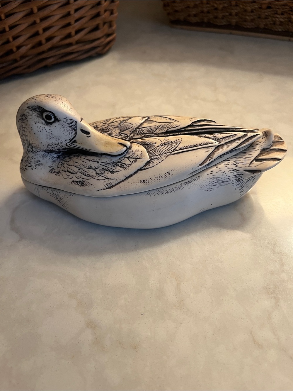 Vintage Comoy’s of London scrimshaw duck trinket box.